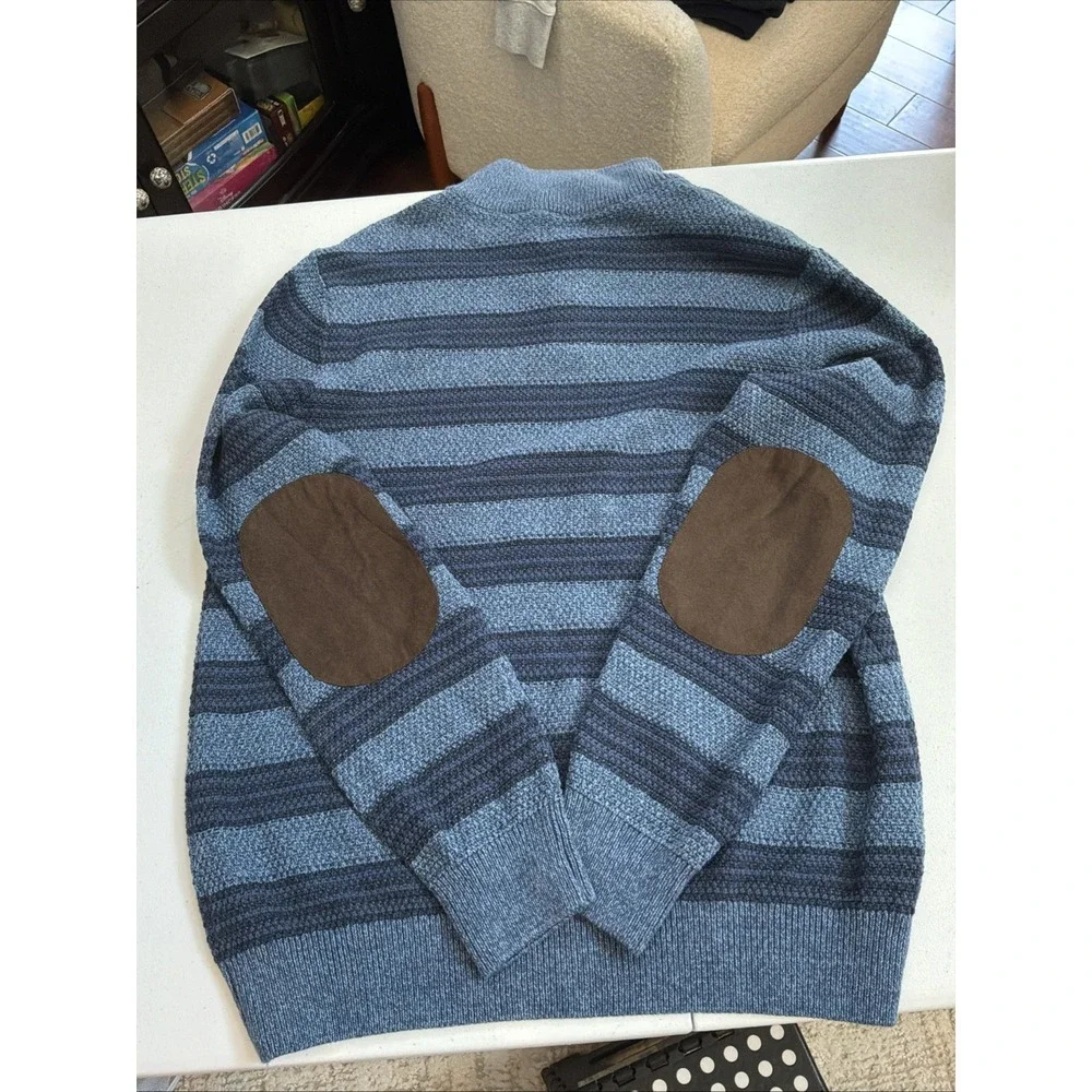 Chaps Sweater Mens Large Blue Mock Neck Henley 3 Button Elbow Patch Cotton